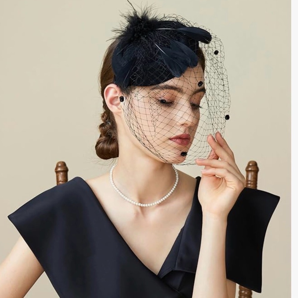 Babeyond Black Feathered Fascinator with Headband, gloves, and necklace